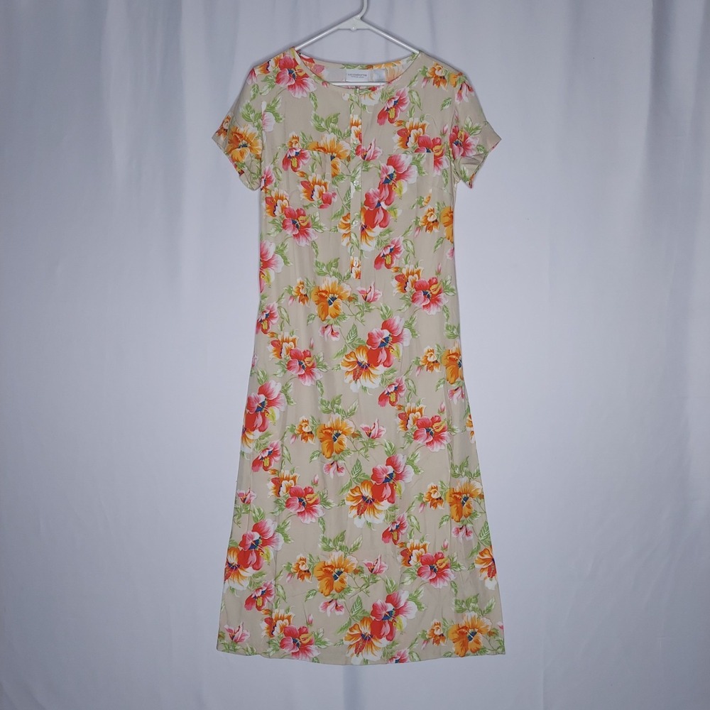 Liz Claiborne Tropical Maxi Dress 8P Tan Pink Orange Floral Short Sleeve Button